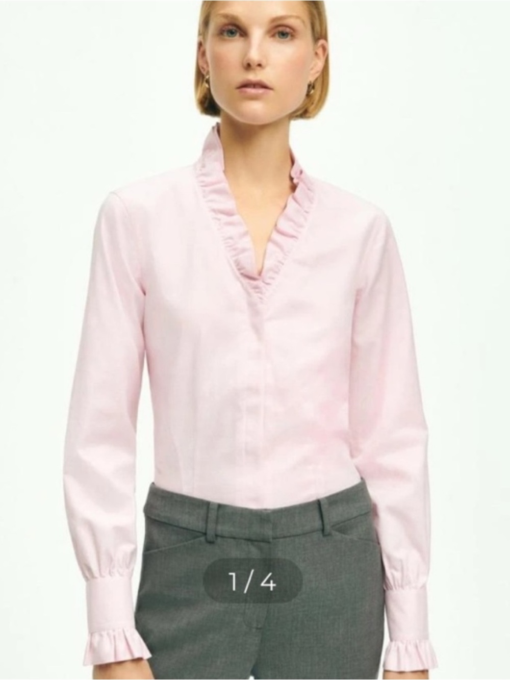 BROOKS BROTHERS Blouse Ruffle Accents V-Neck Pink and White Buffalo Check Print